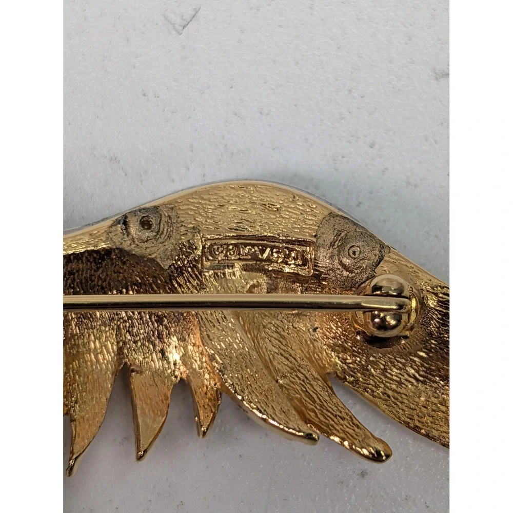 Bird Brooch Gold Tone Blue Enamel Clear Stone Wings Animal Statement Pin